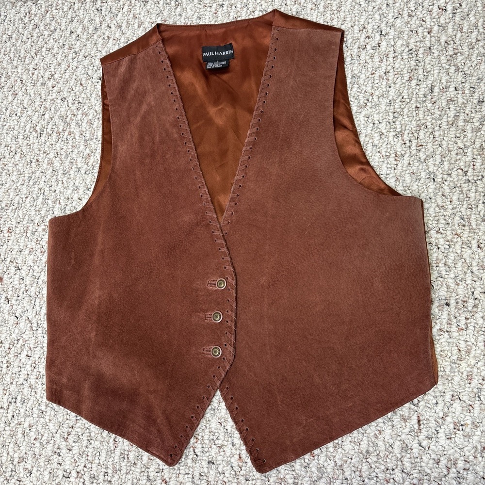 Paul Harris Vest‎ Size Large Brown Suede Leather Button Front Cowboy